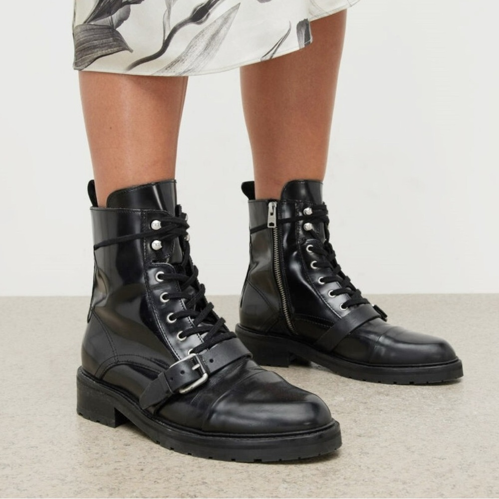 All Saints Donita Black Combat Moto Boots Size 6